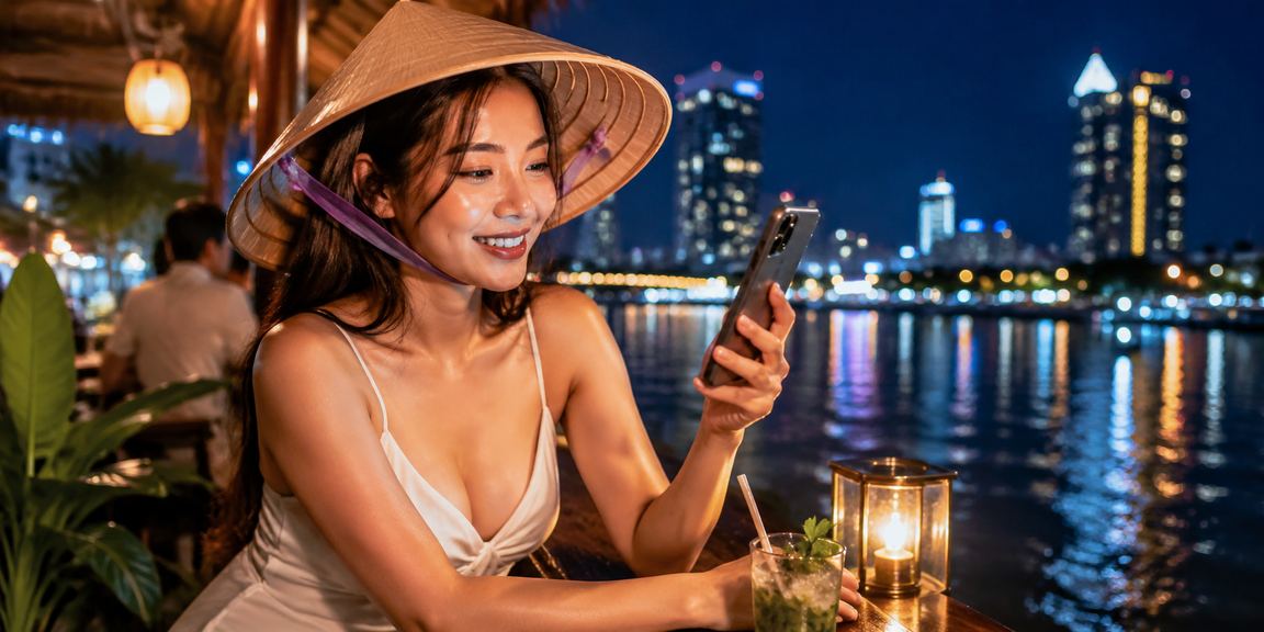 Cảnh baccarat trên sông Mekong với hình ảnh nón lá đặc trưng Việt Nam